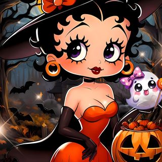 a cartoon girl dressed as a witch with pumpkins Betty Boop Halloween Betty Boop Thanksgiving, Betty Boop Halloween, Betty Boop Halloween Ghost, saddle brown