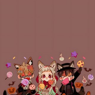 three anime characters sitting on the ground with donuts and sprinkles around them Tbhk Halloween Fall Anime, Halloween Phone, Anime Fall, Trio, Tbhk, Toilet Bound Hanako Kun, dim gray