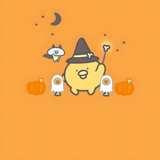 an orange background with some cartoon characters and pumpkins on the bottom right corner, one person holding a broom Gudetama Halloween Lisa Simpson, Snoopy, Fictional Characters, sandy brown