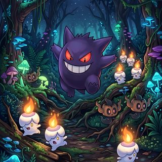 an image of a cartoon character surrounded by mushrooms and other creatures in the woods with glowing eyes Ghost Pokemon Halloween Dark Pokémon, Goth Pokemon, Phantump Pokemon, dark slate gray