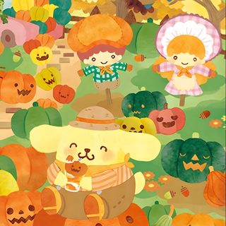 a painting of many pumpkins and animals in a field with trees, grass, and leaves Kawaii Sanrio Halloween Autumn Cinnamoroll, Pompompurin Autumn, Fall Sanrio, Thanksgiving Sanrio, sandy brown