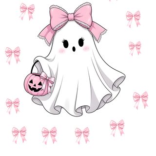 a white ghost with a pink bow holding a pumpkin in her hand and some bows around it Pink Bow Halloween white
