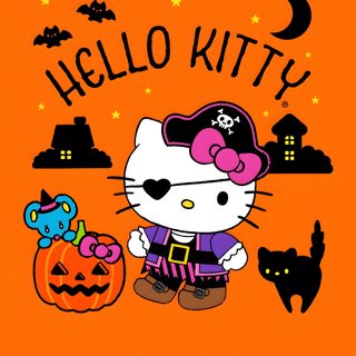 hello kitty is holding a pumpkin and wearing a pirate hat while standing in front of an orange background Halloween With Hello Kitty In A Hat Hello Kitty And Friends Halloween, Halloween Hello Kitty For Ipad, Hello Kitty Pumpkin, dark orange