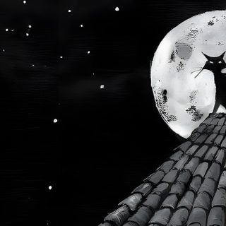a black and white drawing of a cat on top of a roof with the moon in the background Desktop Black Cat Halloween Goth Ipad, Tom Burton Aesthetic, Tim Burton Ipad, Burtonesque Aesthetic,