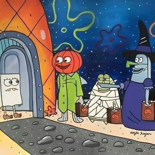 an image of halloween scene with cartoon characters Spongebob Halloween Spongebob Halloween, Yankee Candles, Comics Anime, Halloween Iphone, dim gray