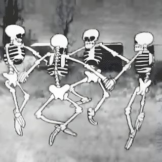 three skeletons are dancing in the grass with their arms around each other, and one skeleton is Scary Halloween Gif Spooky Skeleton Dance Gif, Skeleton Dance Cartoon Gif, The Skeleton Dance 1929 Disney, dark gray