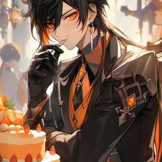 an anime character holding a knife to a cake Halloween Anime Boy Zhongli Birthday Art 2024, Halloween Zhongli, Genshin Impact Halloween, sienna