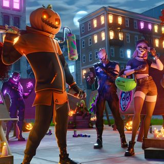 a group of people dressed up in costumes and pumpkins standing on a city street Halloween Fortnite Fortnite, dark slate gray