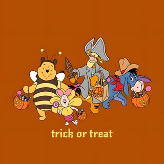 winnie the pooh and friends trick or treat on an orange background with text that reads, Halloween Winnie The Pooh Cute Simple, Disney Halloween, Halloween Cute, Ipad Kids, saddle brown
