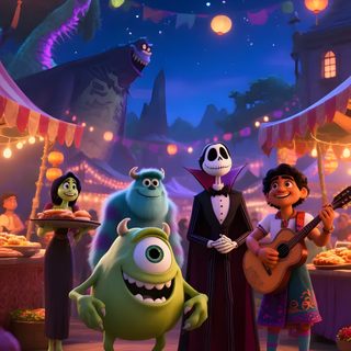 the monsters are playing guitar and singing in front of an outdoor party with lanterns hanging from the ceiling Pixar Halloween Pixar, Disney Pixar, Good Movies, Halloween, Pixar Characters, dark slate gray