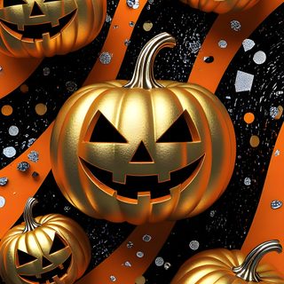 three golden pumpkins on an orange and black striped background with silver confetti Black And Gold And Orange Halloween Cool Halloween Iphone, 3d Halloween, Halloween Screensavers, saddle brown