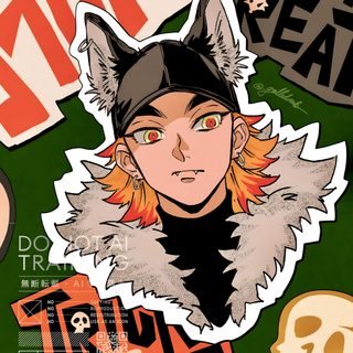an assortment of stickers and decals on top of a green background, including a cat Rengoku Halloween Inosuke Halloween Fanart, Akaza Halloween Art, Halloween Hashiras, Uzui Halloween, sienna