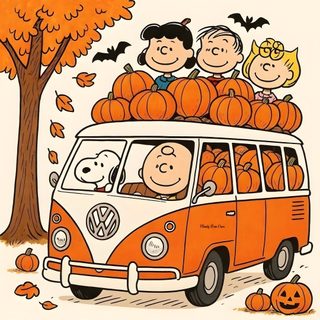 a van filled with pumpkins and people riding on top of it in front of a tree Peanuts Halloween With Pumpkins Snoopy Fall Art, Halloween Snoopy October, Snoopy, dark salmon