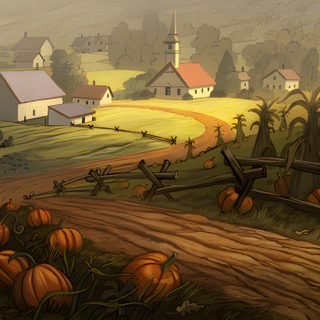 a painting of a country road with pumpkins in the foreground and houses on the other side Old Ways Halloween Over The Garden Wall Pumpkin Village, Over The Garden Wall Setting, Over The Garden Wall Background, dark olive green