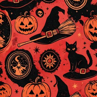 an orange and black halloween background with pumpkins, witches hats, and other items Retro Halloween Orange firebrick