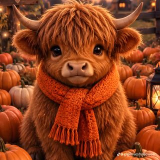 a painting of a cow wearing a scarf with pumpkins around it and a sign that says pumpkin patch Cow Halloween saddle brown