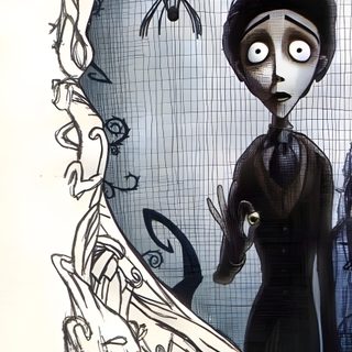 a drawing of a woman standing in front of a mirror with birds flying around her Halloween Matching Corpse Bride Quotes, Corpse Bride Art, Bride Quotes, Tim Burton Corpse Bride, light gray