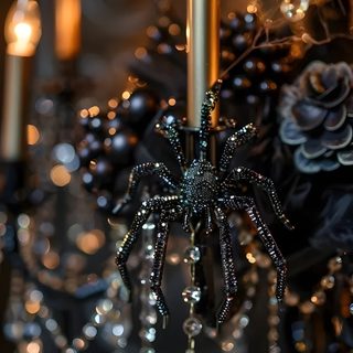 a spider chandelier with candles in the background Halloween Chandelier Glam Halloween Party Decor, Sparkly Halloween Decor, Gothic Glam Halloween, black