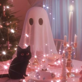 a black cat sitting on top of a table next to a white ghost in front of a christmas tree Pink Halloween Gif Lo-fi Aesthetic, December 24th, Grunge Aesthetic, Cat Life, Cats Of Instagram, gray