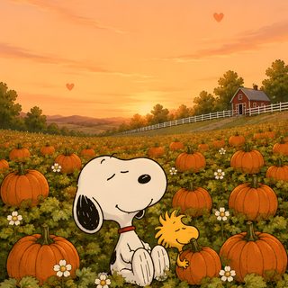 a cartoon dog sitting in the middle of a field with pumpkins Peanuts Halloween With Pumpkins peru