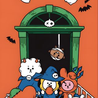 an image of cartoon characters coming out of a door with bats flying around them and pumpkins in the air Bt21 Halloween Keroppi Halloween, Keroppi Fall, Bt21 Christmas, Bt21 Fall, Bt21 Thanksgiving, tomato