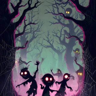 two zombies are running through the woods at night, with glowing eyes on their faces Halloween Monsters Cartoon Horror Background, Phone, Screen Savers, Scary Monster Background, dark slate gray