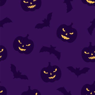 Dark purple Halloween pattern with spooky jack-o’-lantern pumpkins, glowing orange faces and flying bat silhouettes. Halloween Bats And Pumpkins - Lilac midnight blue