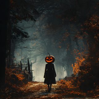 a woman walking down a road holding an orange jack - o - lantern in her hand Halloween Portrait Spooky Hd, Jack O Lantern, Creepy Halloween Iphone, Dark Spooky, black