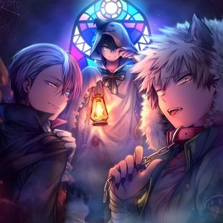 three anime characters standing in front of a stained glass window with a lantern on it My Hero Academia Halloween Mha Halloween, Ny Hero Academia, Hero Halloween, dark slate gray