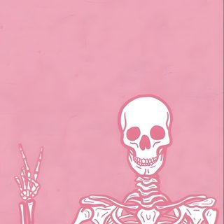 the skeleton is holding up two fingers Pink Halloween Skeleton Aesthetic Iphone, Image Halloween, Halloween, Halloween Backgrounds,