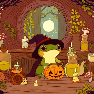 a frog dressed as a witch sitting in front of a table full of halloween items Frog Halloween Frog Halloween, Halloween Frog Gif, Cute Autumn Frog Designs, Autumn Frogs, saddle brown