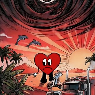 a truck with an eye on the front driving down a road Bad Bunny Halloween Jay Wheeler Aesthetic, Bad Bonny, Vertical Poster, Bad Bunny Iphone, dark slate gray