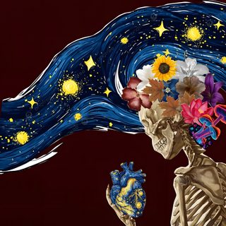 a skeleton holding flowers in its hand and looking at the sky with stars on it Halloween Van Gogh Skeleton black