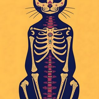 a cat sitting in front of a yellow background with a skeleton on it's back Kitty Skeleton Halloween Cats Cat Skull Art, Cat Design Art, Kitten Mittens, Cat Skeleton, sandy brown