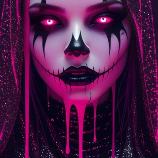 a woman with makeup and pink paint on her face is in the middle of dripping liquid Halloween Baddie Evvi Art, Pink And Black, Trippy Drawings, Lilo And Stitch Quotes, Pink Tattoo, midnight blue
