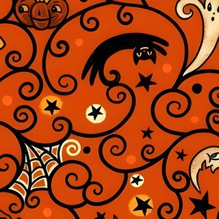 an orange halloween background with black and white swirls, pumpkins, ghost faces and stars Halloween Swirls Party Orange Halloween Pattern Designs, Spooky Pattern Fabric, Orange Halloween Fabric Pattern, chocolate