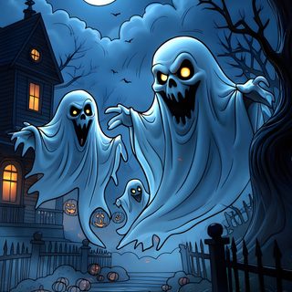 two ghostes in front of a house with pumpkins on the ground and a full moon behind them Spooky Halloween Pictures dark slate gray