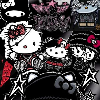 hello kitty stickers are all over the place for this photo to be posted on Hello Kitty Y2k Halloween Nightmare Before Christmas, Hello Kitty Imagenes, Trippy Iphone, black