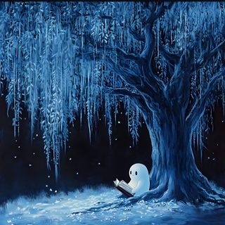 a painting of a ghost reading a book under a tree with icicles hanging from the branches Halloween Ghost Tree Ghost In Tree, Ghost In Tree Drawing, Starry Night Ghost, dark slate gray