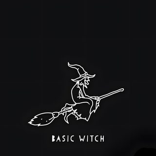 a black and white image of a witch on a broom with the words basic witch Basic Witch Halloween Halloween, Wall, black