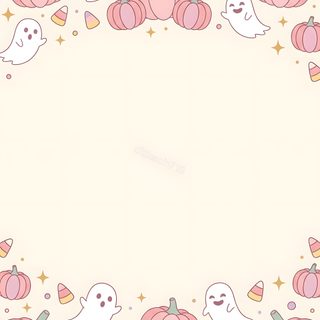 a white background with pink pumpkins and ghostes on the bottom, surrounded by stars Pastel Pastel Cute Pink Halloween old lace