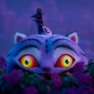 an animated cat with yellow eyes is in the middle of purple flowers and has a black hat on its head Kpdh Halloween Luck Cat Movie, Cheshire Cat Movie, Cheshire Cat Animated Movie, dark slate blue