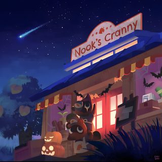 a store front at night with halloween decorations Animal Crossing Halloween Spooky Nooks Cranny, Spooky Animal Crossing, Animal Crossing Fall Background, dark slate gray
