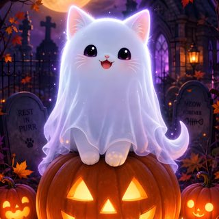 a white cat sitting on top of a pumpkin in front of a cemetery with candles Halloween Kittens saddle brown
