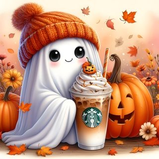 there is a ghost holding a cup of coffee with whipped cream and pumpkins in the background Halloween Starbucks Cute Pics Of Halloween, Cute Pictures Halloween, Cute Cute Halloween Pictures For, rosy brown