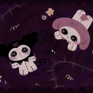 two cartoon characters are flying in the air together on a purple background with swirls and stars Kuromi Halloween Desktop Animes, Sanrio, Apple Watch, Laptop, Creepy Cute, Pc, black