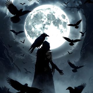 a person standing in front of a full moon with crows flying around it and the sky is dark Halloween Crow Dark Custom Gothic Rose, Gothic Horror, Over The Moon, Character Design, dark slate gray