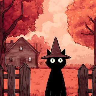a black cat wearing a witches hat sitting in front of a fence Anime Cat Halloween Cozy Halloween, October Iphone Halloween, Fall With Cat, Pumpkin Cat, October, indian red