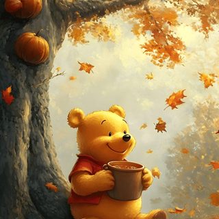 a painting of a teddy bear holding a cup in front of a tree filled with pumpkins Disney Halloween Winnie The Pooh Winnie The Pooh Thanksgiving, Fall Disney, Lock Screen Cute Fall Winnie The Pooh, sienna