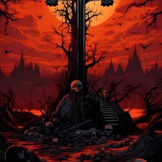 a cross in the middle of a graveyard with skulls around it and blood on the ground Halloween Cross Graveyard Hd, Cemetery Phone, Cemetery, Graveyard Iphone, Graveyard, black